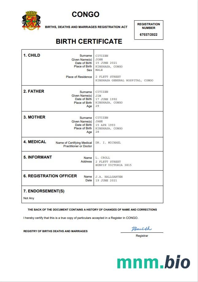 Congo rekord życiowy narodziny certyfikat Word i PDF szablon